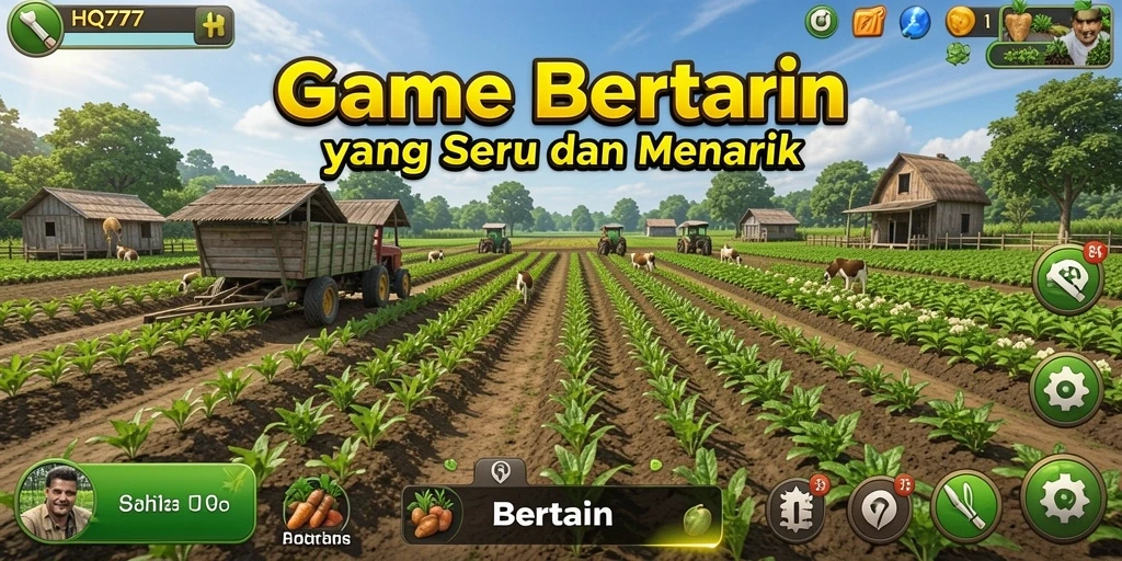 Antarmuka menarik dari game Bertani HQ777 dengan beragam aktivitas.