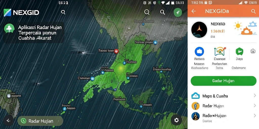 Tampilan antarmuka aplikasi NEXGID dengan radar hujan interaktif.